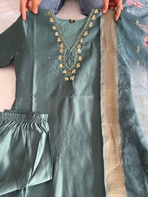 Purple  hand work with roman silk straight kurti pant set 4