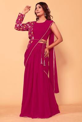 ready to wear patlani magenta georgette lehenga style saree 4