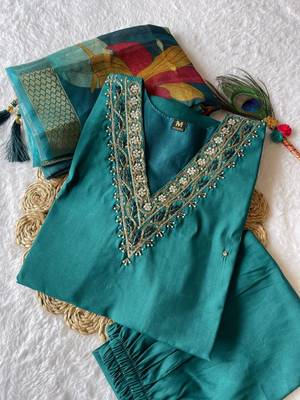 Teal  hand work with roman silk straight kurti pant set 1