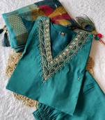 Teal  hand work with roman silk straight kurti pant set