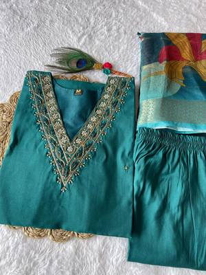 Teal  hand work with roman silk straight kurti pant set 2