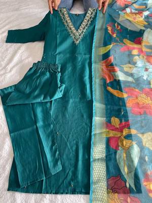 Teal  hand work with roman silk straight kurti pant set 3