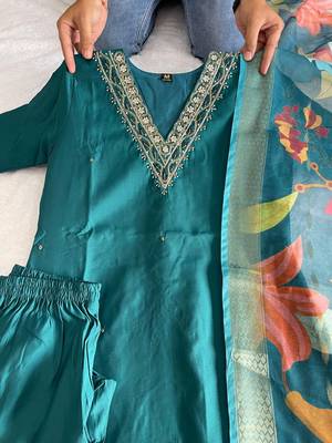 Teal  hand work with roman silk straight kurti pant set 4