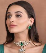 Gold plated kundan polki & green stone choker necklace set