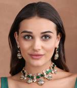 Gold finish green kundan polki choker necklace set