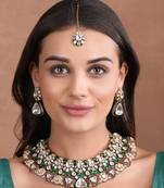 Gold finish green kundan polki & beaded necklace set