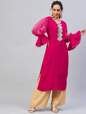 FUSCHIA ORGANZA SLEEVE GOTA WORK KURTA 1