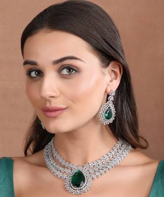 Rhodium plated ad stone studded triple layered necklace set 1