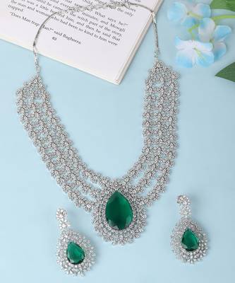 Rhodium plated ad stone studded triple layered necklace set 2