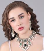 Rhodium plated american diamond zircon green necklace set