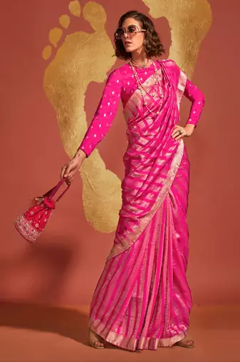 Rani Pink Pure Viscose Handloom Silk Jacquard Woven Saree With Blouse