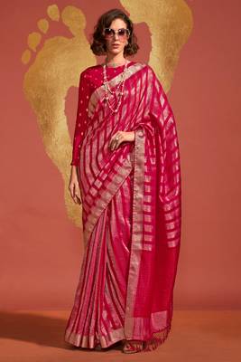 Rani Pink Pure Viscose Handloom Silk Jacquard Woven Saree With Blouse 1