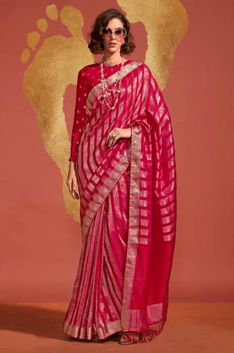 Rani Pink Pure Viscose Handloom Silk Jacquard Woven Saree With Blouse