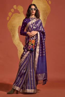 Violet Pure Viscose Handloom Silk Jacquard Woven Saree With Blouse 1