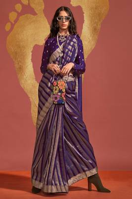 Violet Pure Viscose Handloom Silk Jacquard Woven Saree With Blouse 2