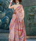 Cream Handloom Organza Handloom Kashmiri Jacquard Woven Saree With Blouse