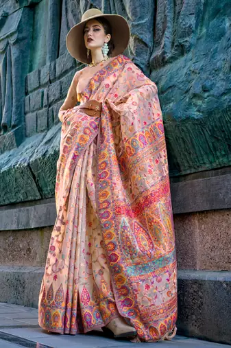 Cream Handloom Organza Handloom Kashmiri Jacquard Woven Saree With Blouse