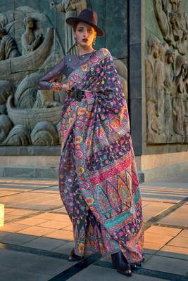 Lightblack Handloom Organza Handloom Kashmiri Jacquard Woven Saree With Blouse 1