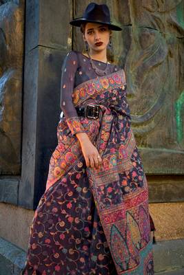 Lightblack Handloom Organza Handloom Kashmiri Jacquard Woven Saree With Blouse 2