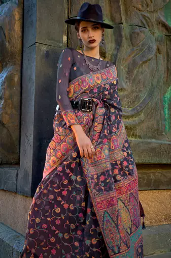 Lightblack Handloom Organza Handloom Kashmiri Jacquard Woven Saree With Blouse