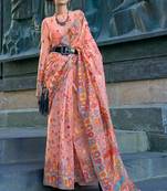 Peach Handloom Organza Handloom Kashmiri Jacquard Woven Saree With Blouse