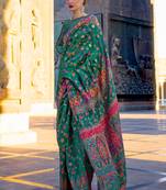 Bottelgreen Handloom Organza Handloom Kashmiri Jacquard Woven Saree With Blouse