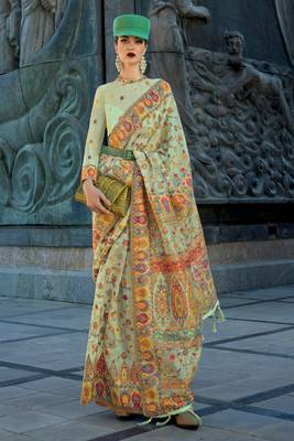 Pistagreen Handloom Organza Handloom Kashmiri Jacquard Woven Saree With Blouse 1