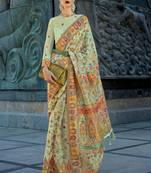 Pistagreen Handloom Organza Handloom Kashmiri Jacquard Woven Saree With Blouse