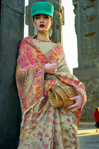 Pistagreen Handloom Organza Handloom Kashmiri Jacquard Woven Saree With Blouse
