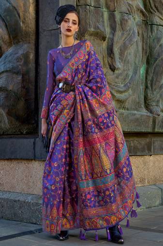 Violate Handloom Organza Handloom Kashmiri Jacquard Woven Saree With Blouse