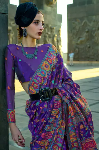Violate Handloom Organza Handloom Kashmiri Jacquard Woven Saree With Blouse