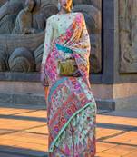 Mint Handloom Organza Handloom Kashmiri Jacquard Woven Saree With Blouse