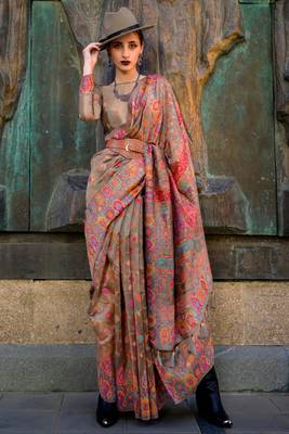 Lightcoffee Handloom Organza Handloom Kashmiri Jacquard Woven Saree With Blouse 1