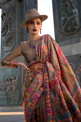 Lightcoffee Handloom Organza Handloom Kashmiri Jacquard Woven Saree With Blouse 2