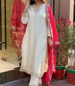 White chanderi silk thread zari embroidery work kurta pant set