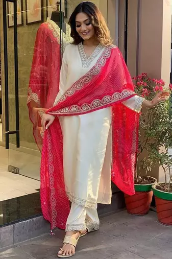 White chanderi silk thread zari embroidery work kurta pant set