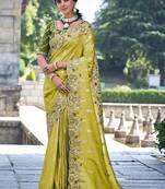 Faux Banarasi Silk Lime Green Handwork Embroidered Woven Classic Saree