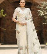 Cream Colour Chiffon Saree With Beautiful Cut Work And Embroidery Flower Work