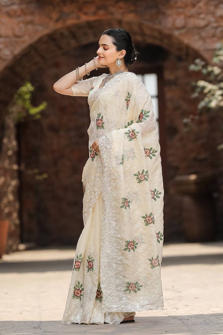 Cream Colour Chiffon Saree With Beautiful Cut Work And Embroidery Flower Work