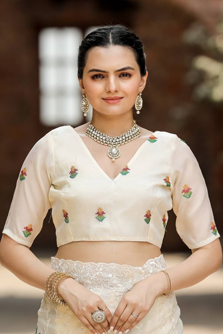 Cream Colour Chiffon Saree With Beautiful Cut Work And Embroidery Flower Work