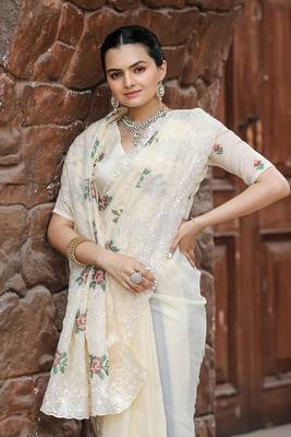 Cream Colour Chiffon Saree With Beautiful Cut Work And Embroidery Flower Work 6