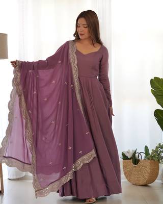 ROMAN SILK CHANDERI FABRIC FULLY FLAIR GOWN, WITH DUPPTA AND PENT STITCHED 1