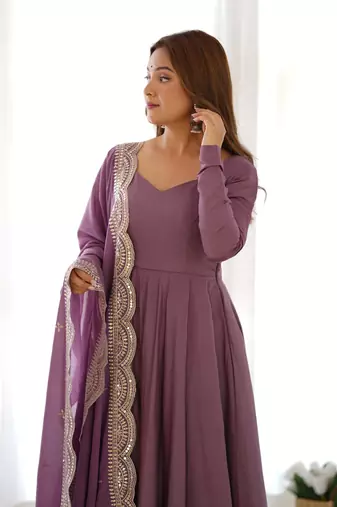 ROMAN SILK CHANDERI FABRIC FULLY FLAIR GOWN, WITH DUPPTA AND PENT STITCHED