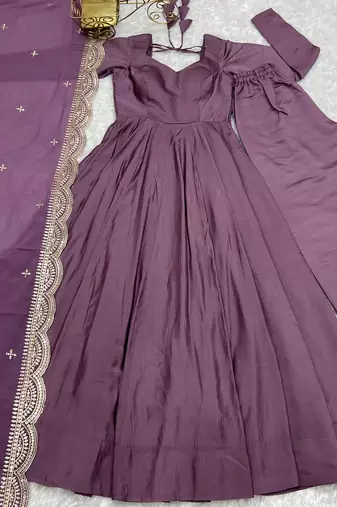 ROMAN SILK CHANDERI FABRIC FULLY FLAIR GOWN, WITH DUPPTA AND PENT STITCHED