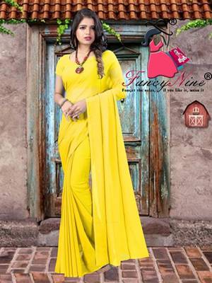 Yellow plain georgette bollywood saree with unstitched blouse pcs 1