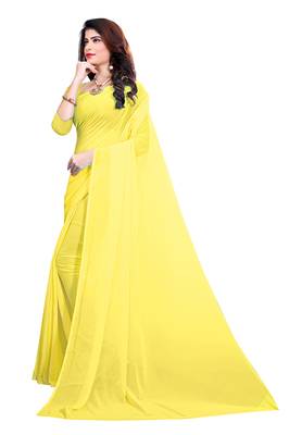 Yellow plain georgette bollywood saree with unstitched blouse pcs 2