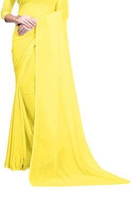 Yellow plain georgette bollywood saree with unstitched blouse pcs 4