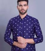 mens benaras silk printed kurta top with  pyjama set - samar collection navy blue