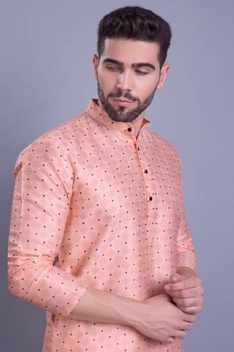 Shiwam ethnix mens benaras silk printed kurta top with  pyjama set - samar collection peach