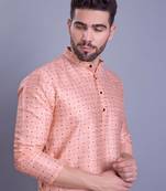 mens pink benaras silk printed kurta with pyjama